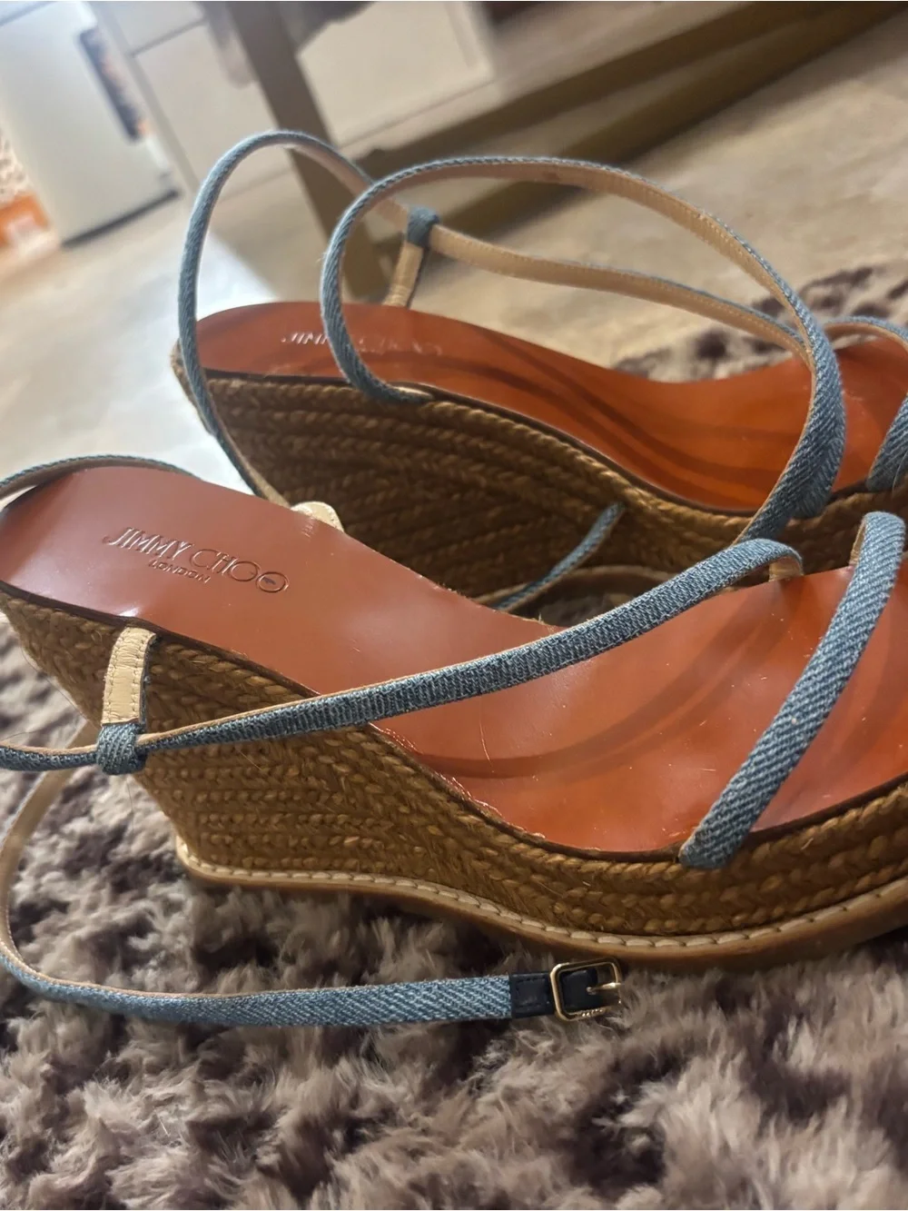 Jimmy Choo Denim Blue Strappy Wedge Sandal with Pink Insole